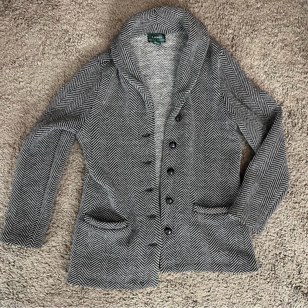 Lauren Ralph Lauren 100% Wool Herringbone Knit Blazer Cardigan Jacket  Small